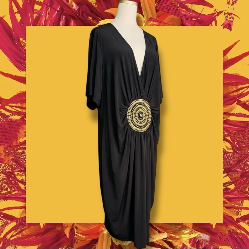 Ashley Stewart Black Jersey Knit Gathered Gold Beaded Medallion Accent Dress 26